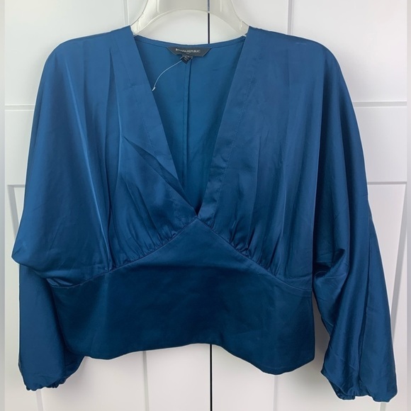 Banana Republic Factory Size 14 Satin Blouse Cropped Balloon Sleeve Blue - Picture 1 of 10